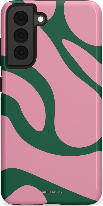 Casetastic hoesje geschikt voor Samsung Galaxy S21 FE 5G - Dubbellaagse bescherming - Groen Roze Dansende Vormen - Fashion Case - Lichtroze Donkergroen