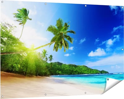 Gards Tuinposter Strand tijdens Zonsondergang in Seychellen - 150x100 cm - Tuindoek - Tuindecoratie - Wanddecoratie buiten - Tuinschilderij