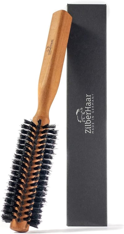 SnelShoppen - ZilberHaar Haarborstel en Baardstyler - Ronde Borstel van 100% Echt Wildzwijnhaar - 3 cm - Handvat van Perenhout - 21 cm - Voor Gezichts