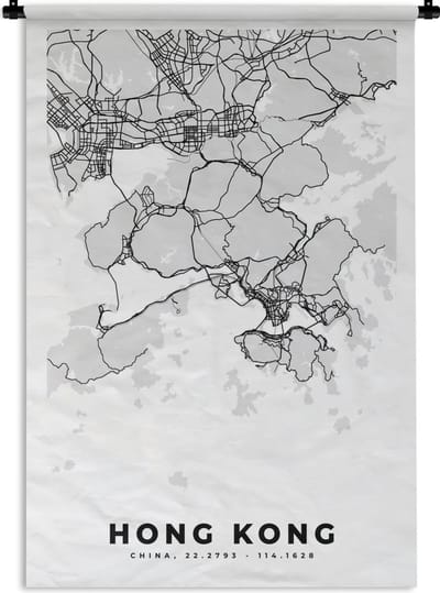 Wandkleed - Wanddoek - Hong Kong - Stadskaart - Zwart Wit - Plattegrond - Kaart - 120x180 cm - Wandtapijt