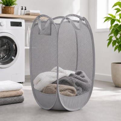 HEM Inklapbare Wasmand 64L – Opvouwbare Waszak – Mesh Laundry Bag met Pop-up Frame – Grijs – Inclusief HEM Microvezeldoekje