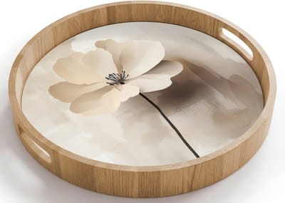 Dienblad rond 40x40 cm - Schootdienblad hout - Bloem - Beige - Verf - Schaduw - Borrelplank rechthoek - Plateau houten dienbladen