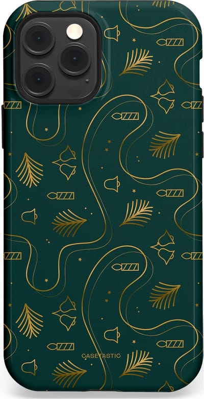 Casetastic hoesje geschikt voor Apple iPhone 12 / Apple iPhone 12 Pro - MagSafe - Dubbellaagse bescherming - Groene kerst bellen en takken - Fashion Case - Donkergroen Donkergrijs Petrol
