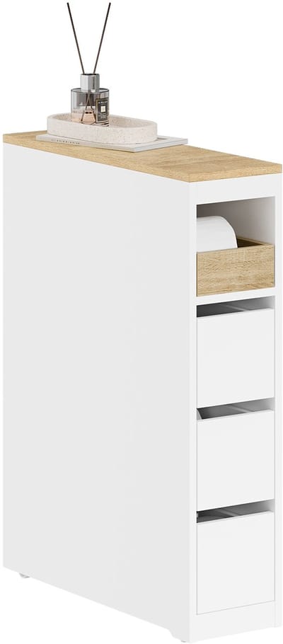 SoBuy Toiletkast 20 cm, badkamerkast met 3 laden, kleine toiletpapierkast, mobiele plank voor badkamer, toilet en keuken, wit, 60 x 20 x 82,3 cm