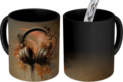 Magische Mok - Foto op Warmte Mokken - Koffiemok - Koptelefoon - Bruin - Verf - Vintage - Magic Mok - Beker - 350 ML - Theemok
