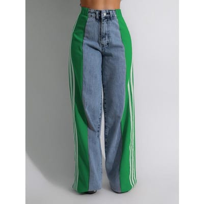 Denim met hoge taille Dames Trekkoord Elastische taille, Losse Elastische Denim Rechte Pijp Broek XXL groen