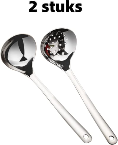 2-delige soeplepel/zeef - Lange steel - Roestvrij staal - Diepe soeplepel voor hete pannen - Geschikt voor het serveren van soep en pap - 23 cm x 7,2 cm - Zilver