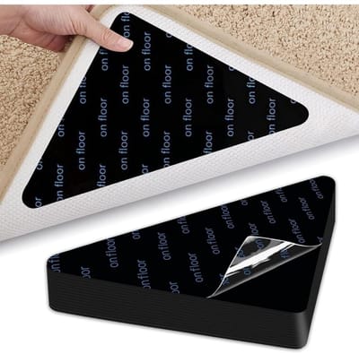 Daity Verpakking van 12 - Tapijtstickers - antislip tapijtpads voor hardhouten vloeren en tegels - herbruikbare antislip tapijtclips voor vloerkleden - dubbelzijdige kleefclips om hoeken plat en stevig te houden (zwart)