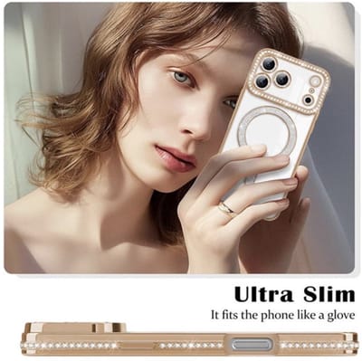 Magnetische glitterdiamanthoes voor iPhone 17Pro Max, siliconen hoesje [MagSafe-compatibel] glanzende cameralensbescherming met strass-steentjes, transparante slim hoes (gold, voor iPhone 17ProMax)