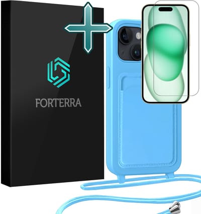 Hoesje Geschikt voor iPhone 15 Plus Pashouder Case Siliconen Hoes Met Koord Met Screenprotector - Hoes Geschikt voor iPhone 15 Plus Met Telefoonkoord Hoesje Back Cover Met Pasjeshouder - Lichtblauw
