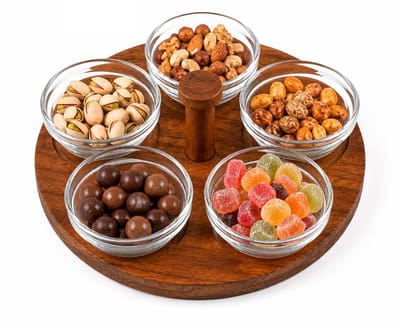 Glozini Glazen Schaaltjes Set met Houten Serveerplank - 6-delig - Glas/Hout