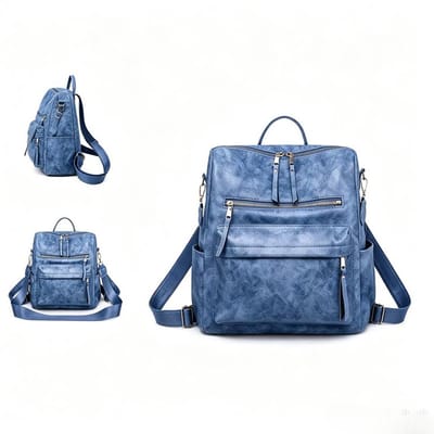 KZQ Dames 3-in-1 Rugzak - Anti-diefstal en Waterdichte Tas (Rugzak/Schoudertas/Handtas) - Zacht PU-leer, Stijlvol en Compact - Geschikt voor Werk, Studie, Reizen en Dagelijks Gebruik - Blauw - 32 x 14 x 34 cm