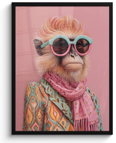 Poster in lijst - Fotolijst 60x80 cm - Posters - Sjaal - Aap - Zonnebril - Jasje - Posterlijst zwart - Decoratie - Wanddecoratie woonkamer - Muurdecoratie slaapkamer