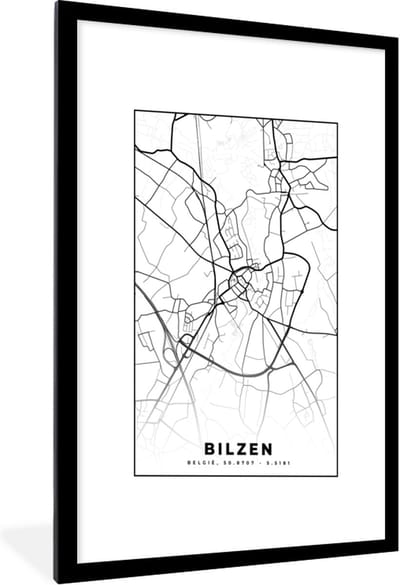 Fotolijst incl. Poster Zwart Wit- Stadskaart – Plattegrond – België – Zwart Wit – Bilzen – Kaart - 60x90 cm - Posterlijst