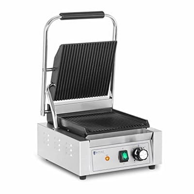 Contactgrill 1800W - Sandwichgrill met Geribbeld oppervlak, Temperatuurinstelling 50-300°C, 23x22 cm, Roestvrij staal en Gietijzer, Inclusief Lekbak