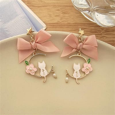 Boucles d'oreilles asymétriques en forme de lapin pour femmes, mode coréenne, doux et mignon, dessin animé chaton fleur, pompon, bijoux cadeaux beige