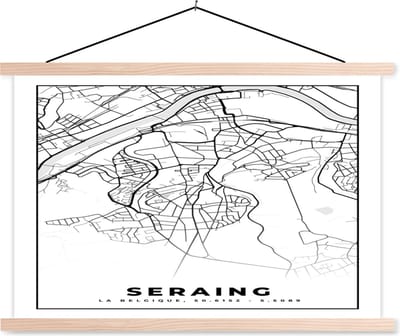 Posterhanger incl. Poster 90x60 cm - Schoolplaat - Zwart Wit – België – Plattegrond – Stadskaart – Kaart – Seraing - Textielposter - Blanke latten - Stadskaart