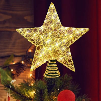 25 cm boomtop, kerstdecoratie, metaal ontwerp, glitterend, 20 LED lichten, kerstboomster voor feestelijke kerst thuis, kerstboomdecoratie (Glittery Gold)