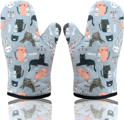 Anti-verbrandingshandschoenen - Hittebestendige Ovenwanten - met Kattenprint - 1 Paar - Blauw/Multi - Polyester met Zachte Voering - Keukenhandschoenen voor Bakken en Koken - Schattig Kattenontwerp