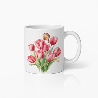Tulpen en Vlinder Mok – Prachtige Bloemen Koffiebeker met Vlinderontwerp – Perfect Cadeau voor Natuur- en Lente Liefhebbers