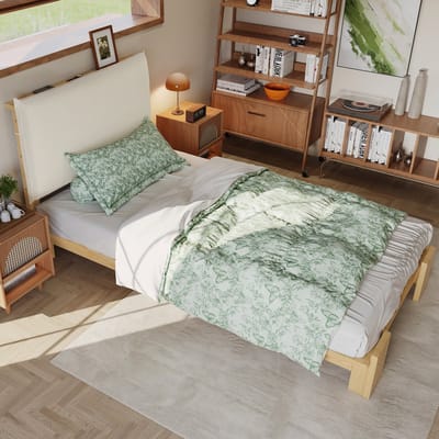 Gestoffeerd bed 90x200 cm - kinderbed - zachte rugleuning met klittenband - met brede bedpoten - houtkleur - zonder matras