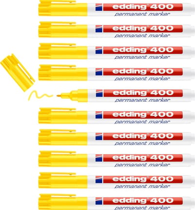 edding 400 permanent marker - geel - 10 stiften - ronde punt 1 mm - watervast, sneldrogend - wrijfvast - voor karton, kunststof, hout, metaal, glas