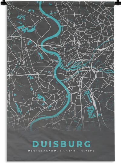 Wandkleed - Wanddoek - Duitsland – Blauw – Duisburg – Stadskaart – Kaart – Plattegrond - 120x180 cm - Wandtapijt