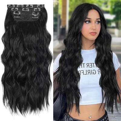 4 Stuks 50 cm Clip-In Haarextensions, Volledige Hoofd Haarstukken met Clips, Synthetisch Golvend Zwart Haar voor Vrouwen, Gemakkelijk te Gebruiken en Stijlvol