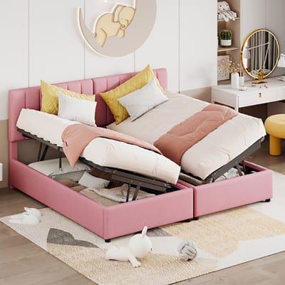 KOMHTOM Bed Kinderbed gestoffeerd tweepersoonsbed 180x200 cm hydraulisch opbergbed roze