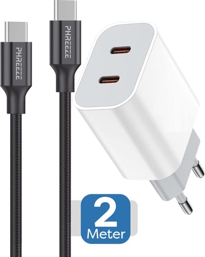 40w usb C Oplader 2 Poorten + usb C Kabel 2 Meter - Dubbele usb C Adapter - Snellader voor Telefoon Tablet Laptop - Telefoon Oplader usb C