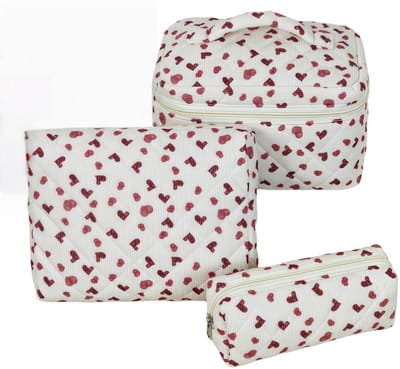 Set van 3 Make-up Tasjes Gewatteerd Bloemen Katoen – Grote Capaciteit Esthetische Cosmetische Tas & Toilettas voor Vrouwen – Reistas Organizer met Ritssluiting -Wit met hartjes, 3-delige set [Groot + Middel + Klein]