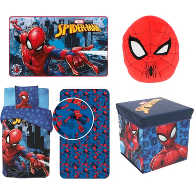 Spiderman slaapkamerset; dekbedovertrek, hoeslaken, vloerkleed, opbergbox en squishy 32 cm