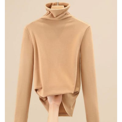 Haut de base en velours allemand à col montant pour vêtements pour femmes, isolation brossée double face, taille élastique, haut avec doublure intérieure 3XL kaki