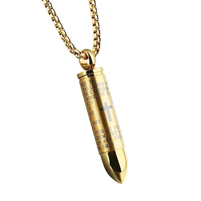 Fako Bijoux® - Religieuze Kruis Kogel Hanger - Bullet Ketting - Ashanger - Assierraad - Heren Ketting - Holy Cross - 5x1cm - 60cm - 2.5mm - Stainless Steel - RVS - Staal - Goudkleurig