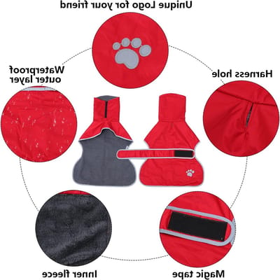 Warm waterdicht winterjack voor greyhounds met fleece voering, hondenjas met harnasopening en verstelbare banden, ideaal voor middelgrote en grote grijze honden - Rood - L