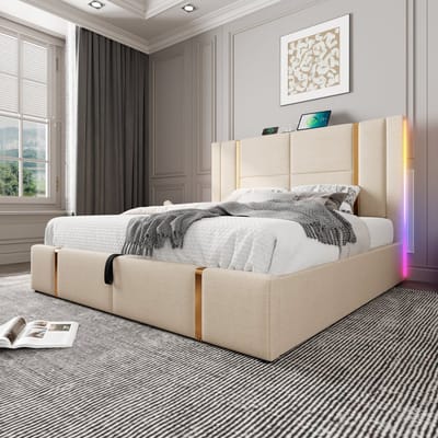 SINGULARITY-Gestoffeerd tweepersoonsbed USB Type C APP-Control LED 160x200 opbergbedden bedframe- beige linnen stof met matras