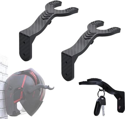 QORA® Helmhouder - Helm Houder - Helm Kapstok – 2 Pack - Helm Standaard - Motorhelm Steun – Wandsteun Ophangsysteem - Met Haakje voor Jas Of Sleutel - Zwart - ‎22cm x 17cm x 7cm