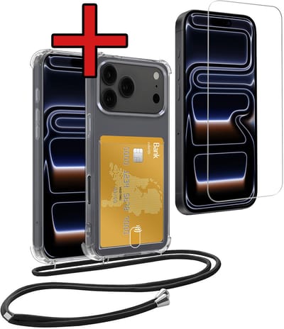 Hoesje Geschikt voor iPhone 17 Pro / 18 Pro Hoesje Met Telefoonkoord en Pasjeshouder Met Screenprotector Siliconen - Hoes Geschikt voor iPhone 17 Pro / 18 Pro Hoesje Met Kaarthouder Shock Proof Case - Transparant