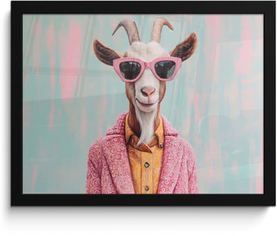 Poster in lijst - Fotolijst 40x30 cm - Posters - Zonnebril - Roze - Geit - Horen - Posterlijst zwart - Decoratie - Wanddecoratie woonkamer - Muurdecoratie slaapkamer