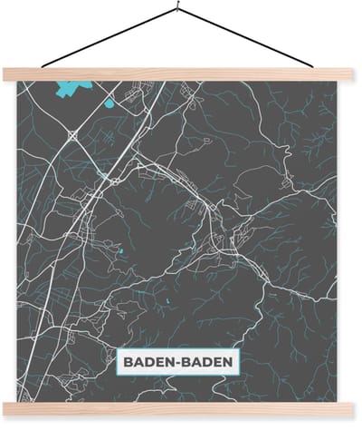 Posterhanger incl. Poster 40x40 cm - Schoolplaat - Baden Baden – Stadskaart – Blauw – Plattegrond – Stadskaart – Kaart - Duitsland - Textielposter - Blanke latten - Stadskaart
