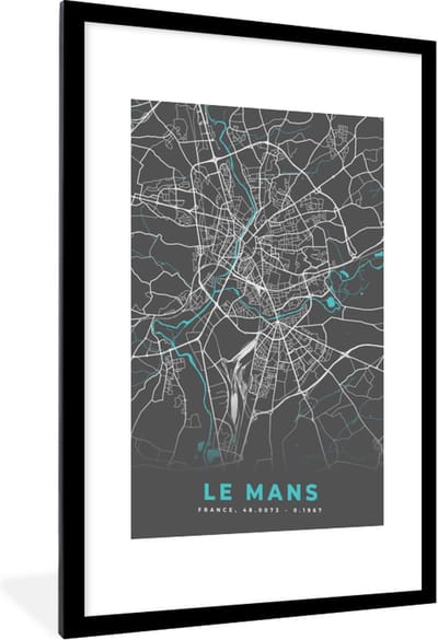 Fotolijst incl. Poster - Le Mans - Plattegrond - Kaart - Stadskaart - Frankrijk - 60x90 cm - Posterlijst