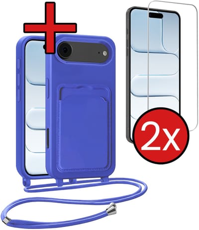 Hoesje Geschikt voor iPhone Air Hoesje Met Telefoonkoord en Pasjeshouder Met 2x Screenprotector Siliconen - Hoes Geschikt voor iPhone Air Hoesje Met Kaarthouder Case - Felblauw