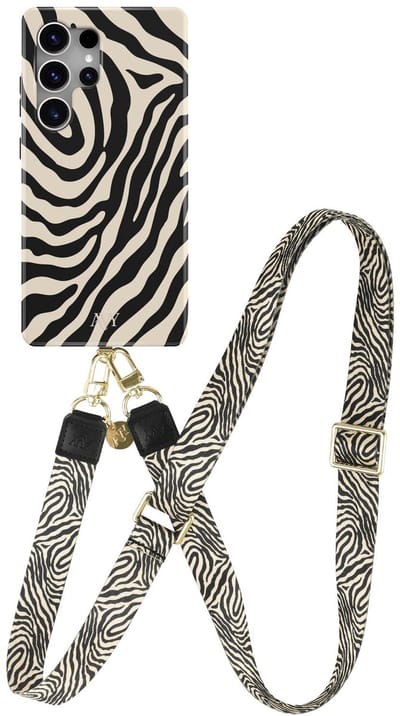 AVY Hoesje Met Telefoonkoord | Geschikt voor Samsung Galaxy S25 Ultra | Compatibel met MagSafe | Hard Shell Back Cover | Stijlvol Bijpassend Koord 130CM | Serengeti Zebra | Zwart & Wit