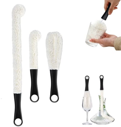 3 stuks - zwarte schoonmaakborstelset - Flexibele flessenborstel - Huishoudelijk hulpmiddel - Geschikt voor het schoonmaken van karaffen, glazen, champagneglazen en mokken