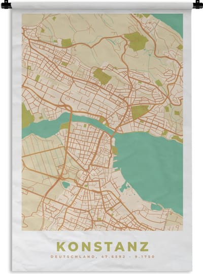 Wandkleed - Wanddoek - Plattegrond - Konstanz - Vintage - Kaart - Stadskaart - 120x180 cm - Wandtapijt