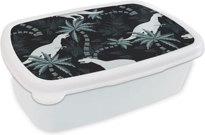 Broodtrommel Wit - Lunchbox - Brooddoos - Patronen - Dino - Jungle - Jongens - Meisjes - Kinderen - 18x12x6 cm - Volwassenen