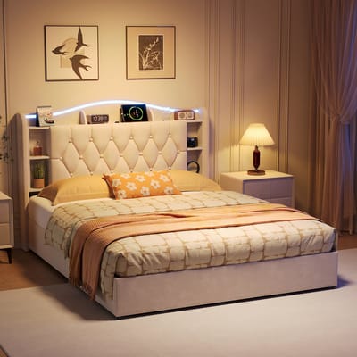 Bed met Opbergruimte 140x190 cm Beige Fluweel – Gasveer Bed met LED Hoofdbord, USB Oplaadpoort, Opbergvak & Verstelbaar Hoofdbord