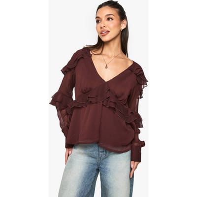 boohoo Dames Blouse met ruches in chiffon | Chocolate | Maat: 6