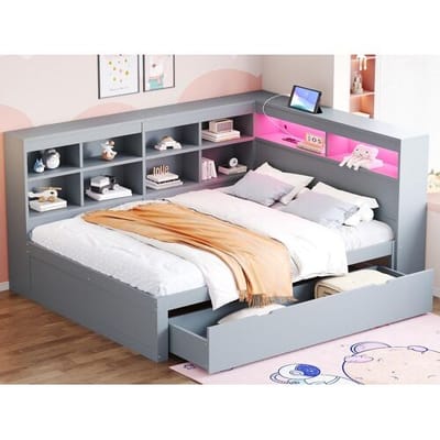 ModernLuxe Massief houten opbergbank bed 140x200 cm - met LED en USB-aansluitingen - Grijs