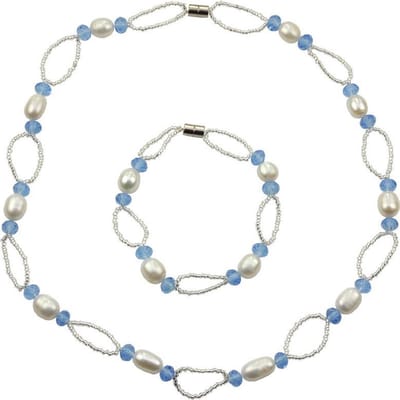 Zoetwater parel set Blacio - parelketting + parel armband - echte parels - wit - blauw - zilver - magneetslot - luxe sieraden zakje - parelketting dames - parel armband dames